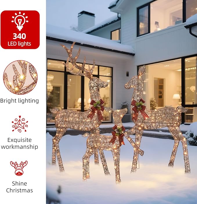 HOYECHI 6.5 FT Oversized Christmas Decorations Outdoor Lighted Reindeer – 3-Piece 3D Deer Family Set with 340 Warm White LED Lights for Yard, Lawn, Garden & Porch Holiday Display - Rattan