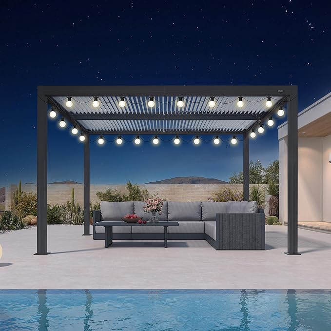 PURPLE LEAF Louvered Pergola 10' x 12' Outdoor Aluminum Pergola with Hidden Drainage System and White Adjustable Sun Shade Roof Patio Hardtop Small Pergolas with String Lights for Porch Patio Garden