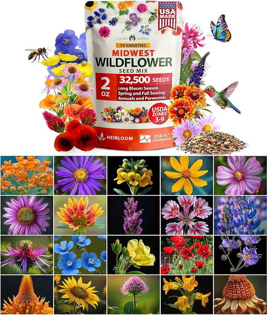 HOME GROWN 32,500+ Midwest Wildflower Seeds 2oz 𝗡𝗢𝗡-𝗚𝗠𝗢, 𝗨𝗦𝗔-𝗦𝗢𝗨𝗥𝗖𝗘𝗗 – 15 Varieties – Annual & Perennial Flower Seeds for Attracting Bees & Butterflies – Open Pollinated