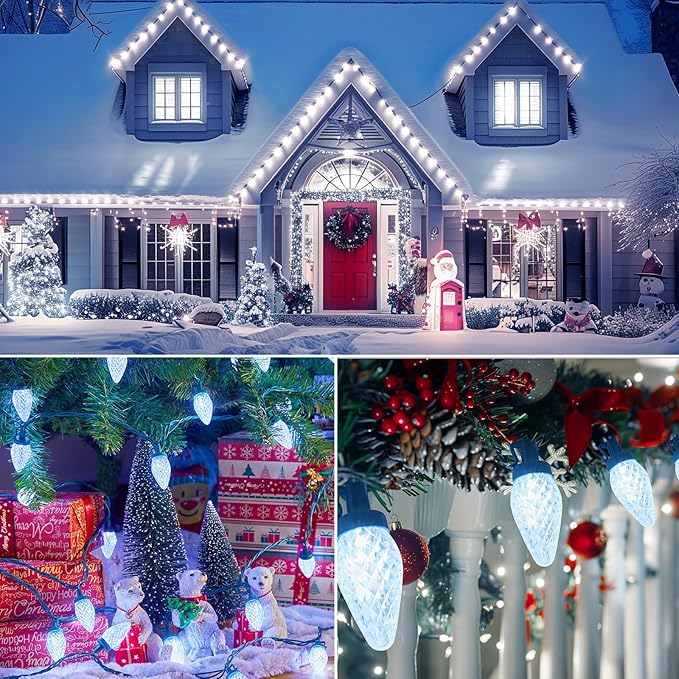 Brightown 2 Pack White C9 LED Christmas Lights Outdoor, 33ft 50 LED Waterproof Strawberry String Lights, Plug-in Extendable Green Wire Lights String for Outdoor Indoor Patio Party Decoration