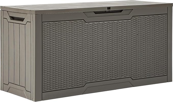YITAHOME 80 Gallon Resin Deck Box, Weather Resistant Outdoor Rattan Storage Box, Lockable Indoor Outdoor Storage for Supplies and Essentials, Taupe