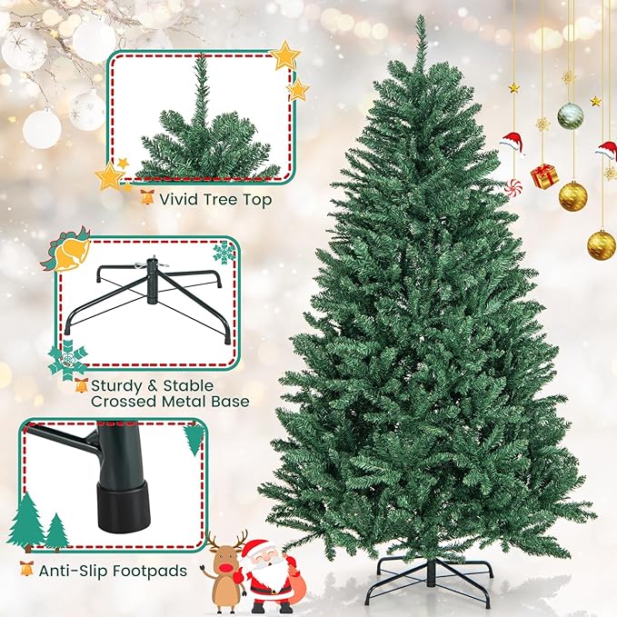Goplus 6ft Artificial Douglas Christmas Tree, Unlit Hinged Xmas Full Tree with 1355 Branch Tips, Foldable Metal Base, Easy Assembly, Indoor Holiday Party Office Home Store Decor