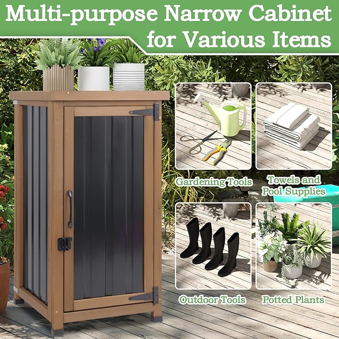 Outdoor Storage Cabinet Waterproof with Metal Top, Wooden Potting Bench Table Tool Organizer with Adjustable Shelf for Patio Backyard Garden