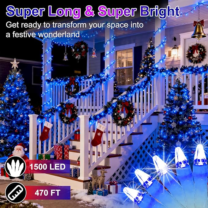 1500 LED 470FT Christmas String Lights Outdoor, 12 Pro Modes and Timer Memory & Brightness, Plug in Waterproof Clear Wire Twinkle Light for for Xmas Yard Tree Wedding Party Decor (Blue)