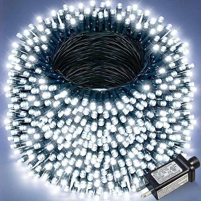 328FT 1000 LED Christmas Lights, Plug in White Christmas Tree Lights Outdoor with Timer and 8 Modes, Green Wire Waterproof String Lights for Indoor Yard Patio Xmas Holiday Decorations