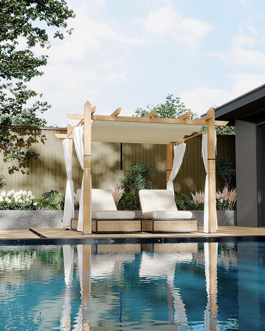 Garvee 10x10 Ft Outdoor Pergola with Retractable Canopy Metal Gazebo Imitation Wood-Grain Column with Side Mesh Screen Modern Pavilion for Backyard Deck(Beige+White)