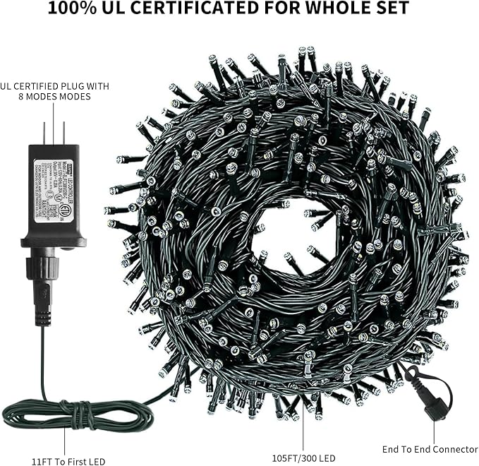 XTF2015 Christmas String Lights, 105ft 300 LED Christmas Lights 8 Modes Memory Function & Timer- UL Certified - Outdoor Indoor Christma s Fairy Lights for Tree, Garden, Party, Wedding(Red + White)