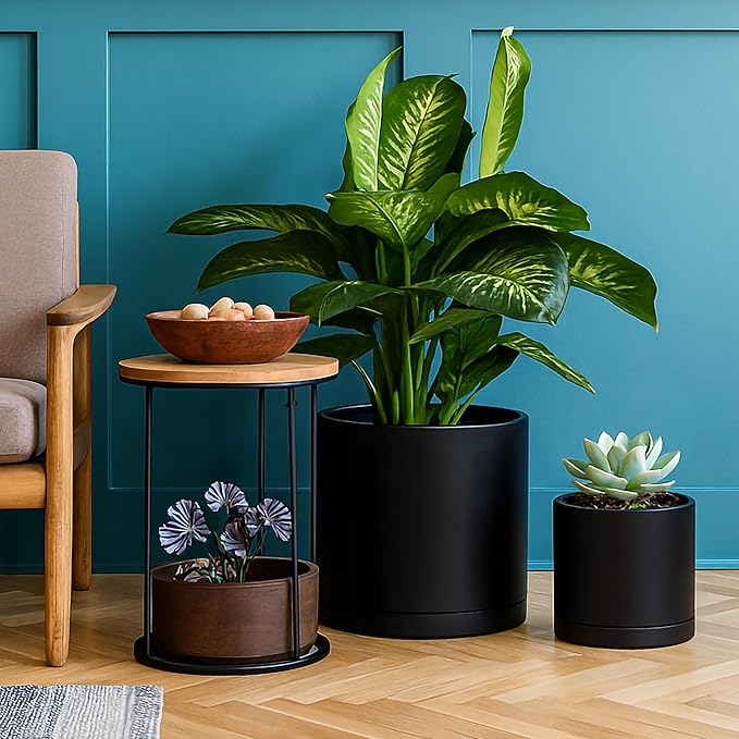 D'vine Dev 12 Inch Plastic Planter Pots for Plant Pot with Drainage Hole and Seamless Saucers, Black Color, 74-X-B-3