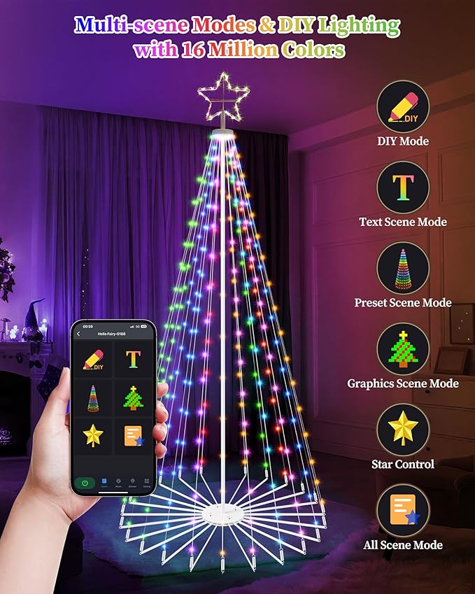 Brightever 12FT 832 LED Smart Cone Christmas Tree, Outdoor Prelit Christmas Tree with 16 Million DIY RGB LED Light Show, Remote APP Control Color Changing Music Sync for Xmas Outdoor Decorations