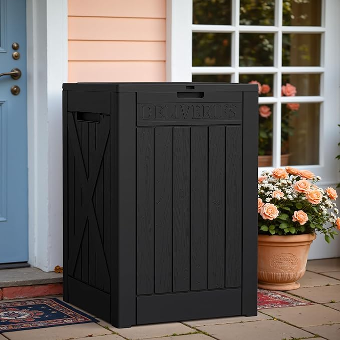 Greesum 52 Gallon Large Outdoor Package Delivery Box for Porch, Lockable Secure Double-Wall Resin Storage Box, Waterproof Deck Box for Package Protection, Black