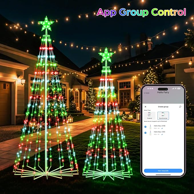 Smart Christmas Tree Lights with App & Remote Control, RGB Color Changing LED Cone Tree Lights, Music Sync, Custom Light Show, Waterproof Outdoor Decoration for Xmas, New Year, Parties (Set 2：5FT+6FT)