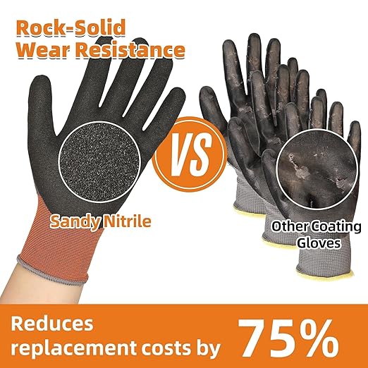 Schwer 12 Pairs Safety Work Gloves with Sandy Nitrile Coating, ANSI A1 Cut Resistant Heavy Duty Working Gloves with Grip for Men Women, Ideal for General Use, Mechanic, Construction, Gardening, M