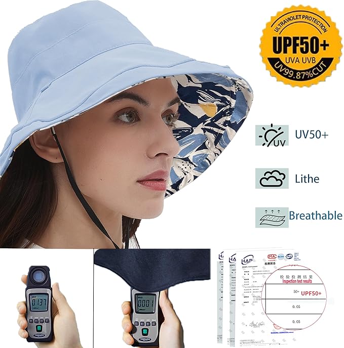 vidsel Womens Sun Hats Wide Brim Reversible Bucket Cotton Hat Packable Summer Travel Cap with Hat Clip,UV Protection