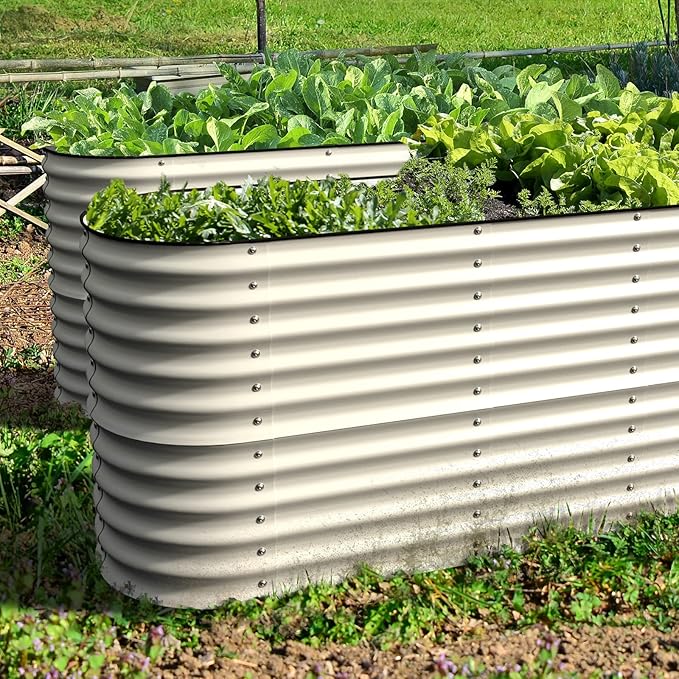Olle Galvanized Planter for Vegetables 12-in-1 Large Metal Raised Bed Gardening Kit for Outdoors 32" Tall Size 5X5 Feets 8X2 Feets 4x8 Raised Garden Bed, Ivory