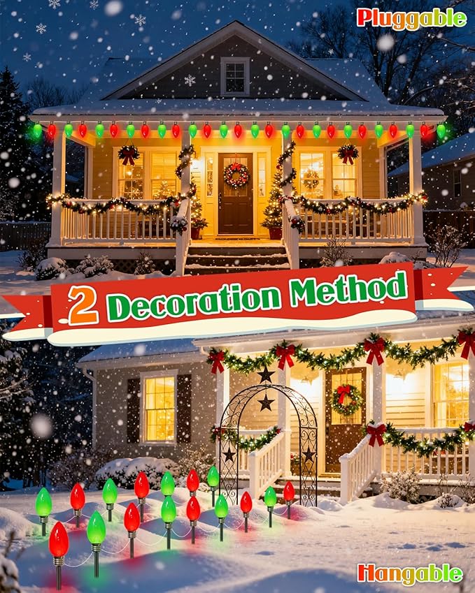 IDEAALS 12 Pack Jumbo Red and Green Plug in C9 Christmas Lights Outdoor，LED Pathway Lights Waterproof, Strawberry Light Christmas Decorations Outdoor for Walkway Party Patio Garden Lawn Yard Decor