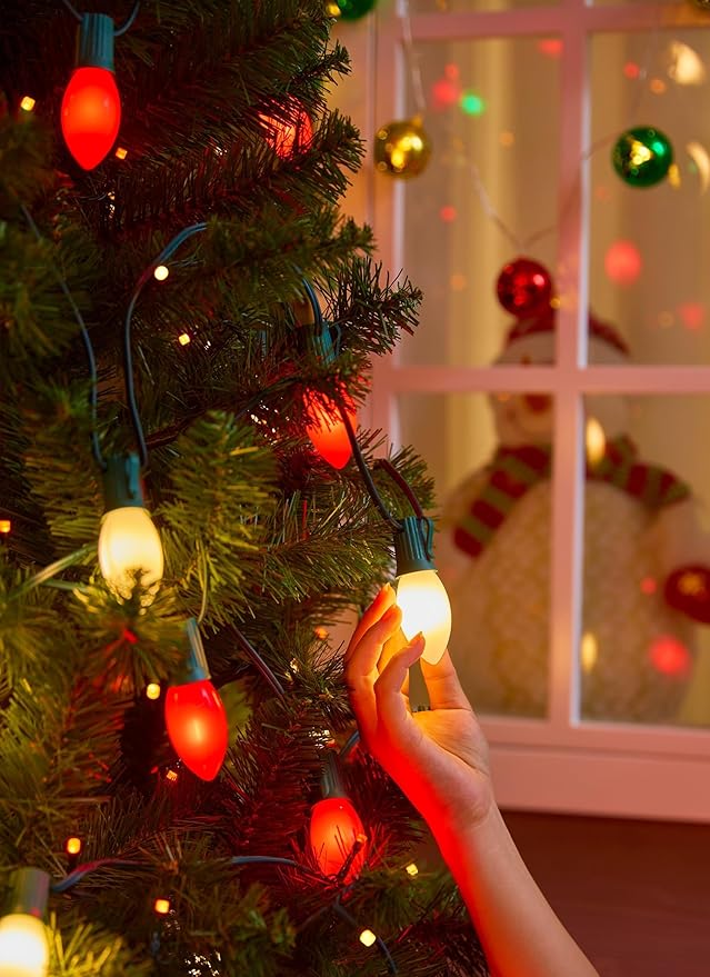 Vintage C9 LED Christmas Lights Outdoor, 100 Feet C9 String Light with 100 Shatterproof C9 Bulbs, Waterproof Connectable Christmas Tree Lights for Outside Roofline Patio Xmas Decor, Red & Warm White
