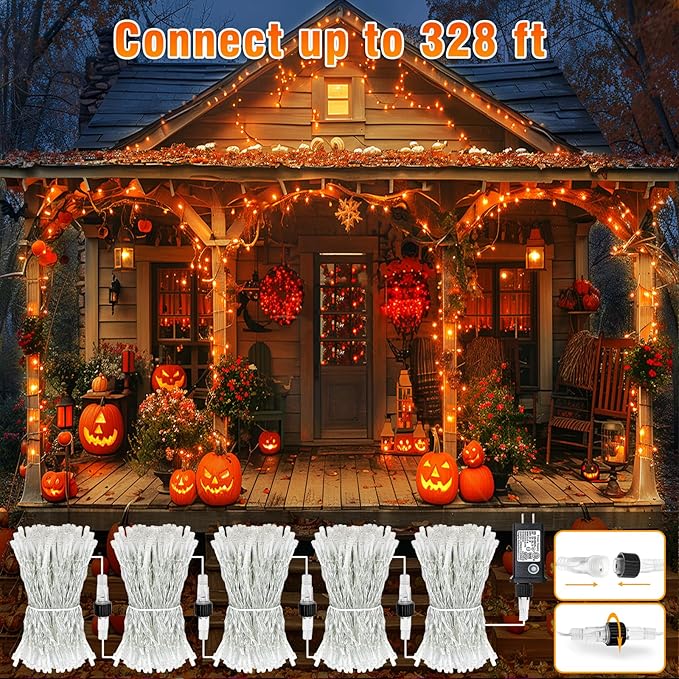 66FT 200 LED Outdoor String Lights, Orange Halloween Lights Waterproof 8 Modes Timer, Connectable Clear Wire Fairy Twinkle Light for Indoor House Bedroom Tree Yard Party Holiday Decorations