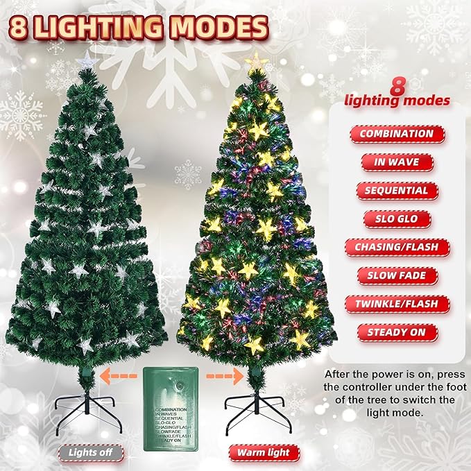 Juegoal 6ft Pre-Lit Artificial Christmas Tree, Lighted Optical Fiber Xmas Trees with Warm White Large Stars & Color Changing Optical Fiber Lights, Party Home Holiday Green Fake Tree with Metal Legs