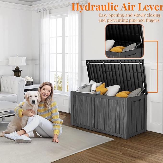 150 Gallon Resin Deck Box, Lockable Patio Outdoor Storage Box for Furniture, Garden Tools and Tools Storage, Waterproof Outside Storage Boxes - Black