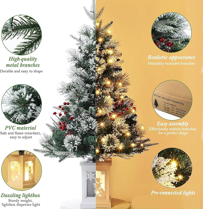 3ft Christmas Tree Pre-Lit Artificial Christmas Tree with Vintage Potted Base, Flocked Snow 78 Warm White LED Lights 8 Lighting Modes, Xmas Holiday Decor for Home, Entrances