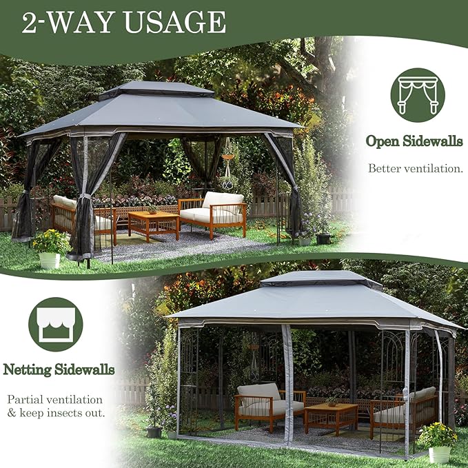 ECOTOUGE 10' X 13' Outdoor Gazebo, Soft Double Roof Canopy Tent with Mosquito Netting, Party Tent Shelter with Corner Frame Shelves for Patio, Backyard, Deck, Grey