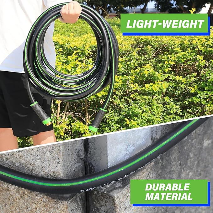 FLATO Garden Hose 5/8" x 50FT, Light Weight and Flexible, All Weather Use, Hybrid Polymer Water Hose with Brass Fittings, for Yard, Outdoor, Lawn (Black, Green stripes)