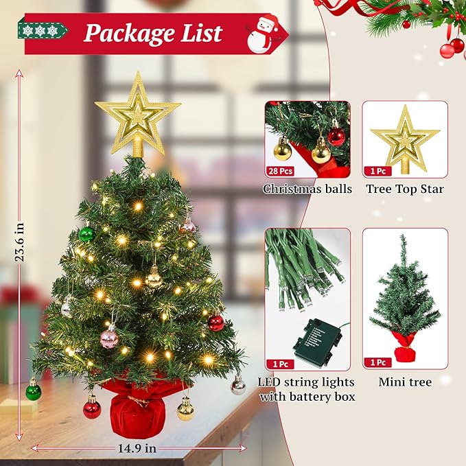 Uten Mini Christmas Tree Small Christmas Balls 28Pcs, Treetop Star 50 LED Waterproof Battery Box with Red Cement Base Christmas Decorations for Home, Office, Party