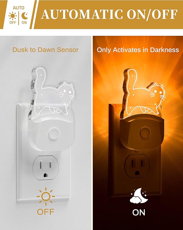 DORESshop Cat Night Light [2 Pack], Kids Night Light with 8-Color RGB, Plug in, Dusk-to-Dawn Sensor, Rainbow LED Baby Night Light for Bathroom, Cute Room Decor,Boys Girls Gift