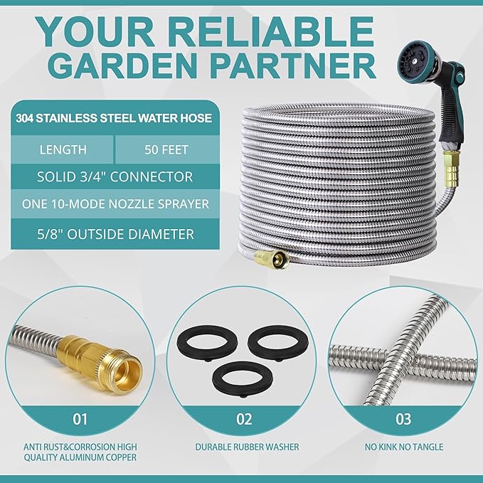 50FT Garden Hose, 304 Stainless Steel Water Hose, Flexible with a 10-Mode Nozzle Sprayer, No Kink, Lightweight, Puncture Proof, Ideal for Yard, Lawn, Outdoor, 5/8" Outside Diameter