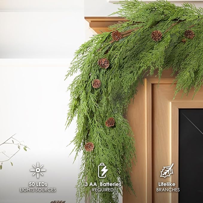 WBHome Real Touch Cypress Cedar & Pine Cone Evergreen Garland for Christmas Holiday Seasonal Outdoor/Indoor Home Decor, 6FT Long