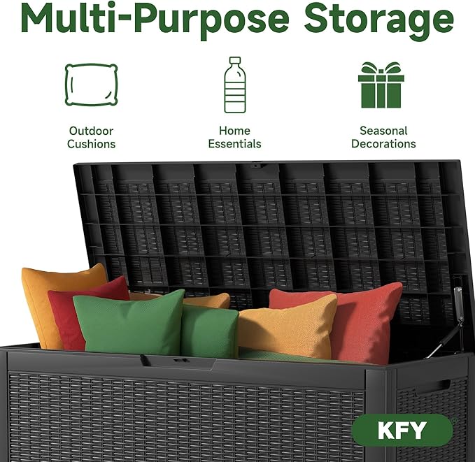 deck box,100-gallon indoor and outdoor storage box made of waterproof and sun-resistant resin material, meeting storage needs for the living room, patio, swimming pool, and toolshed（black）