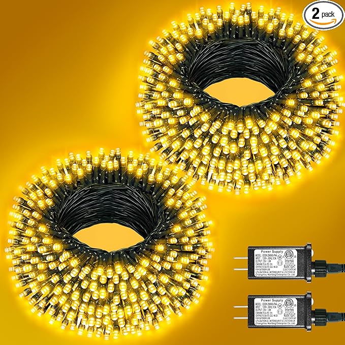 2 Pack Christmas Lights Outdoor, Total 200FT 600LED Christmas Tree Lights with 8 Modes Waterproof, Warm White String Twinkle Lights Green Wire for Indoor Patio Garden Xmas Holiday Decorations