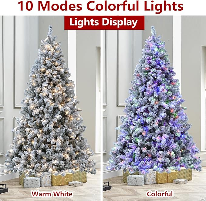 Flocked Christmas Tree, 7.5 ft Prelit Christmas Tree with Lights, 10 Functions, 400 Lights, Spruce Artificial Christmas Tree Prelit with 1832 Realistic Tips & Sturdy Metal Base Easy Assembly