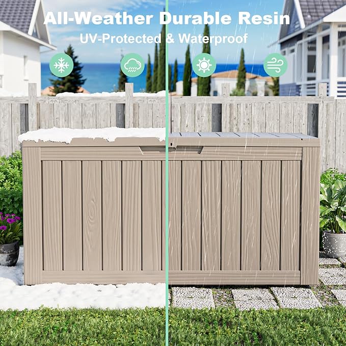 DRATO 75 Gallon Deck Box, Waterproof Resin Large Outdoor Storgae Box for Patio Furniture, Patio Cushions, Gardening Tools, Pool Supplies, Lockable