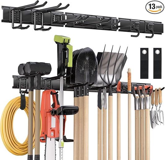 Garden Tool Organizer Wall Mount, 48 inches Tool Storage Rack with Adjustable Hooks, 600lbs Adjustable Heavy Duty Metal Hooks, Yard Shed Rack Holder System Hanging Rake Broom Mop, Father's day gifts