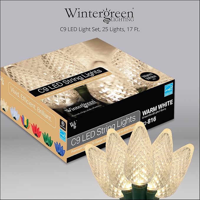 Wintergreen Lighting 25 C9 Warm White LED Christmas Lights, 17 Ft – Indoor Outdoor C9 String Lights, Classic White Christmas Lights