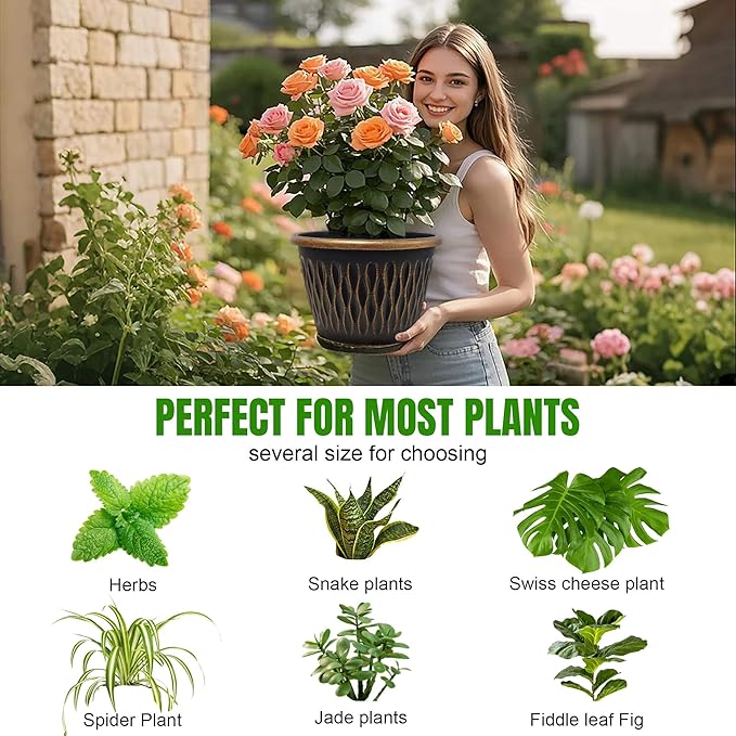 4 Pack 12 Inch Retro Plant Pots, Vintage Striped Flower Pots with Drainage Hole & Saucer, Large Plastic Planters for Indoor and Outdoor Plants, Decorative Garden Pots(Gold)