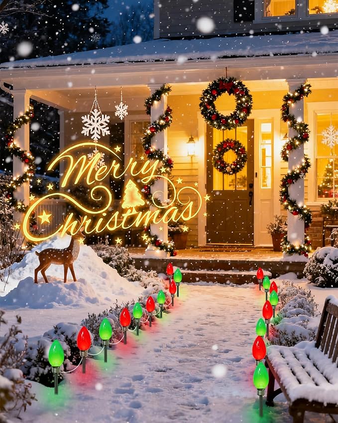 IDEAALS 12 Pack Jumbo Red and Green Plug in C9 Christmas Lights Outdoor，LED Pathway Lights Waterproof, Strawberry Light Christmas Decorations Outdoor for Walkway Party Patio Garden Lawn Yard Decor