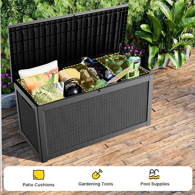 320 Gallon Waterproof Outdoor Storage Box, UV Resistant Resin Deck Box with Hydraulic Rod for Reinforced Stability, Perfect for Patio, Garden, and Pool, Black