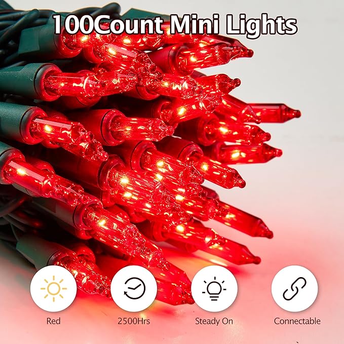 Red Christmas Lights - 100 Count Incandescent Lights with Green Wires - UL Certified, Connectable for Indoor/Outdoor Xmas, Wedding, Holiday, Party, Home Decorations