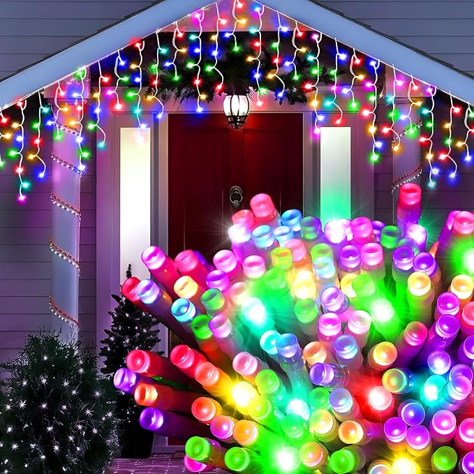 52FT Waterproof Christmas Lights Outdoor with 504 LED 8 Modes and Timer Curtain Lights Outside for Garden Holiday Gatherings Indoor Outdoor Decorations Plug in Hanging Fairy String Lights