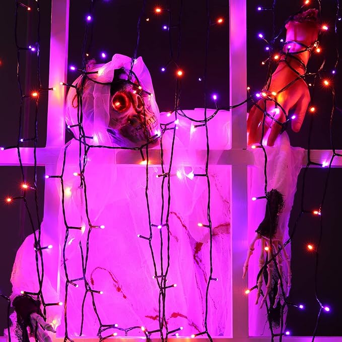 LYHOPE Orange & Purple Halloween Lights, 72ft 200 LED Battery Operated Halloween String Lights with 8 Modes, Waterproof Battery String Light for Outdoor & Indoor, Patio, Lawn, Yard, Holiday Decor