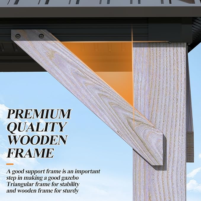 GARTOO 12' x 16' Outdoor Wood Gazebo - Permanent Wooden Hardtop Gazebo Pavilion with Double Curtains, Galvanized Steel Roof Cedar Wood Gazebos for Poolside, Garden, Lawn, Backyard Deck