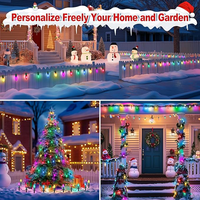 30Ft C9 Led Christmas Pathway Lights Outdoor, 20 Multicolor Bulbs Waterproof Connectable Christmas Walkway Lights with Stakes for Yard Lawn Sidewalk Driveway Decorations