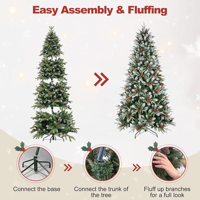 9 Ft Artificial Christmas Tree Pre-Decorated with Snow Flocked PVC&PE Tips, Pine Cones, Red Berries, Unlit Xmas Tree with Metal Stand for Hoilday Office Outdoor Christmas Decoration(Green White)