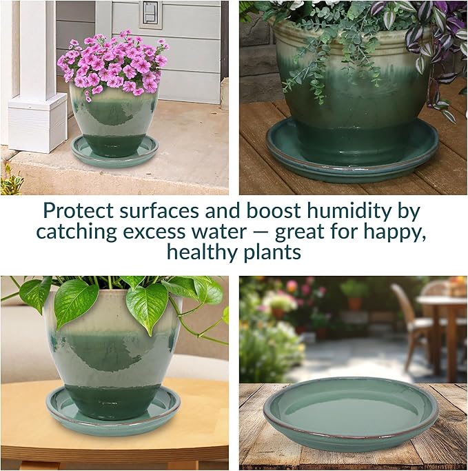 Sunnydaze 12-Inch Ceramic Plant Saucers - Plant Drip Trays for Outdoor Planter Flower Pot Drainage - Set of 2 - Seafoam