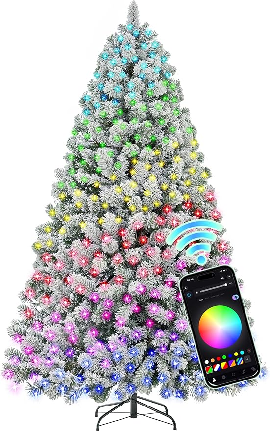 HOLLO STAR 7.5 ft Flocked Prelit Christmas Tree with 503 LED Lights, App Control, Artificial Christmas Tree, Multi-Color RGBW Lights, 1355 Branch Tips, Snow Xmas Tree, for Home, Party