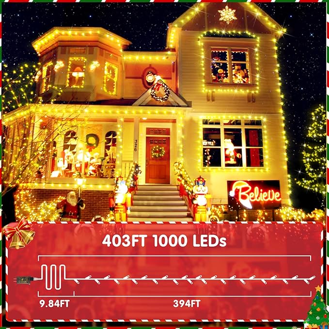 XURISEN 403FT 1000 LED Christmas Lights Outdoor Green Wire String Lights 8 Modes with Timer Memory Waterproof Fairy Light Plug in for Xmas Tree Wedding Yard Party Holiday Decorations(Warm White)
