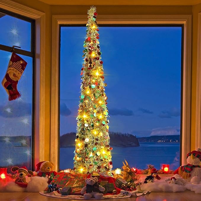 HMASYO 5 FT Pop Up Christmas Tree with Timer Lights, Gold Christmas Tinsel Tree, Collapsible Artificial Pencil Christmas Tree for Indoor Home Apartment Porch Holiday Party Decorations