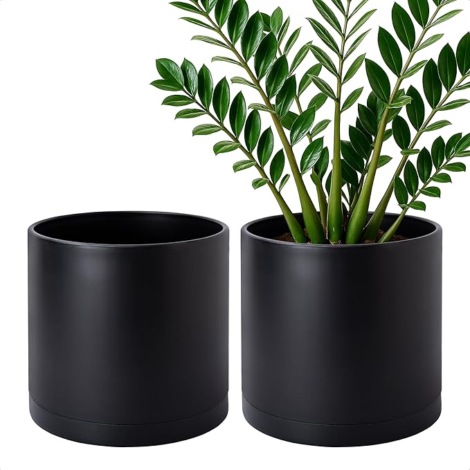 D'vine Dev 2 Pack 10 Inch Modern Plastic Plant Pots, Small Garden Planters for Plant with Drainage Holes and Saucers, Black Color, 74-Y-N-1
